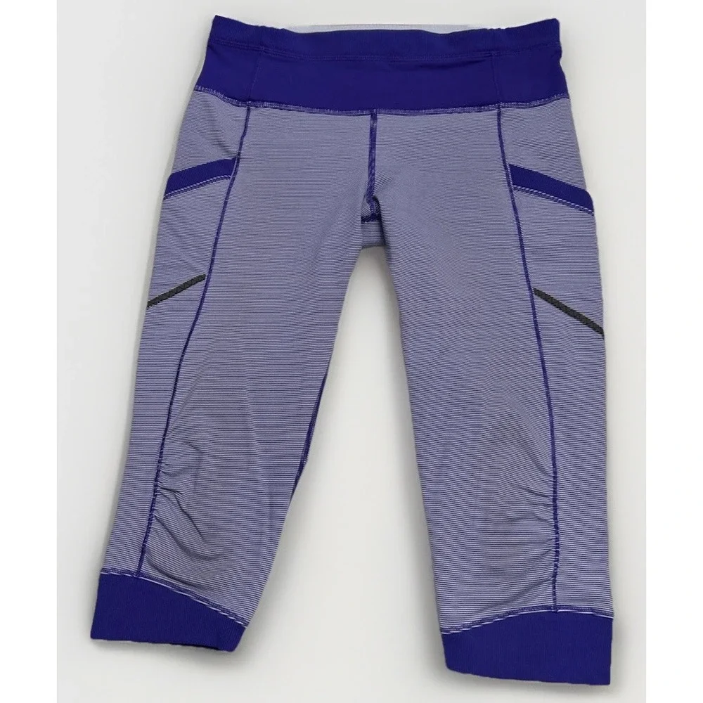 Lululemon Run For Fun Crop Bruised Berry Wee Stripe Sz 8 RARE Purple Pockets‎
